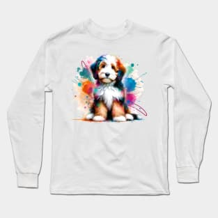 Mini Bernedoodle Captured in Colorful Splash Art Style Long Sleeve T-Shirt